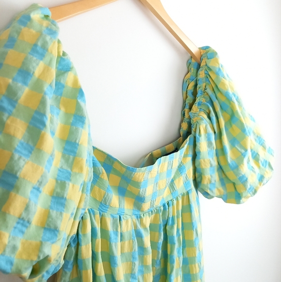 Zara Long Check Print Dress Panelled Puff Sleeve Green Yellow Blue - Medium - Picture 6 of 11